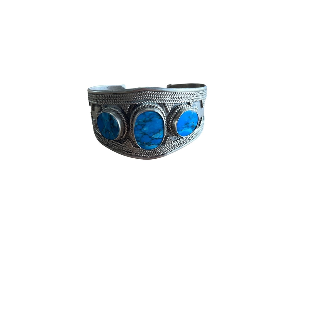Vintage Turquoise Stone Tribal Cuff Bracelet Silver Tone Boho Statement Sterling